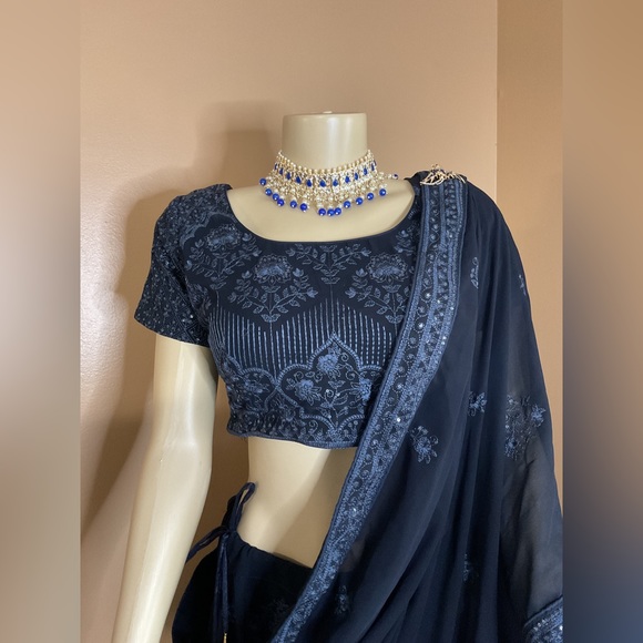 🐘 Embroidered Georgette Lehenga in Navy Blue - Picture 3 of 16